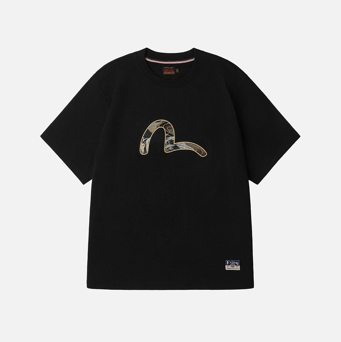 Brocade Seagull Appliqué Regular Fit Short Sleeves T-shirt BLACK | Men's Apparel | EVISU | 2EAHTM5TS1161X XCT-Black