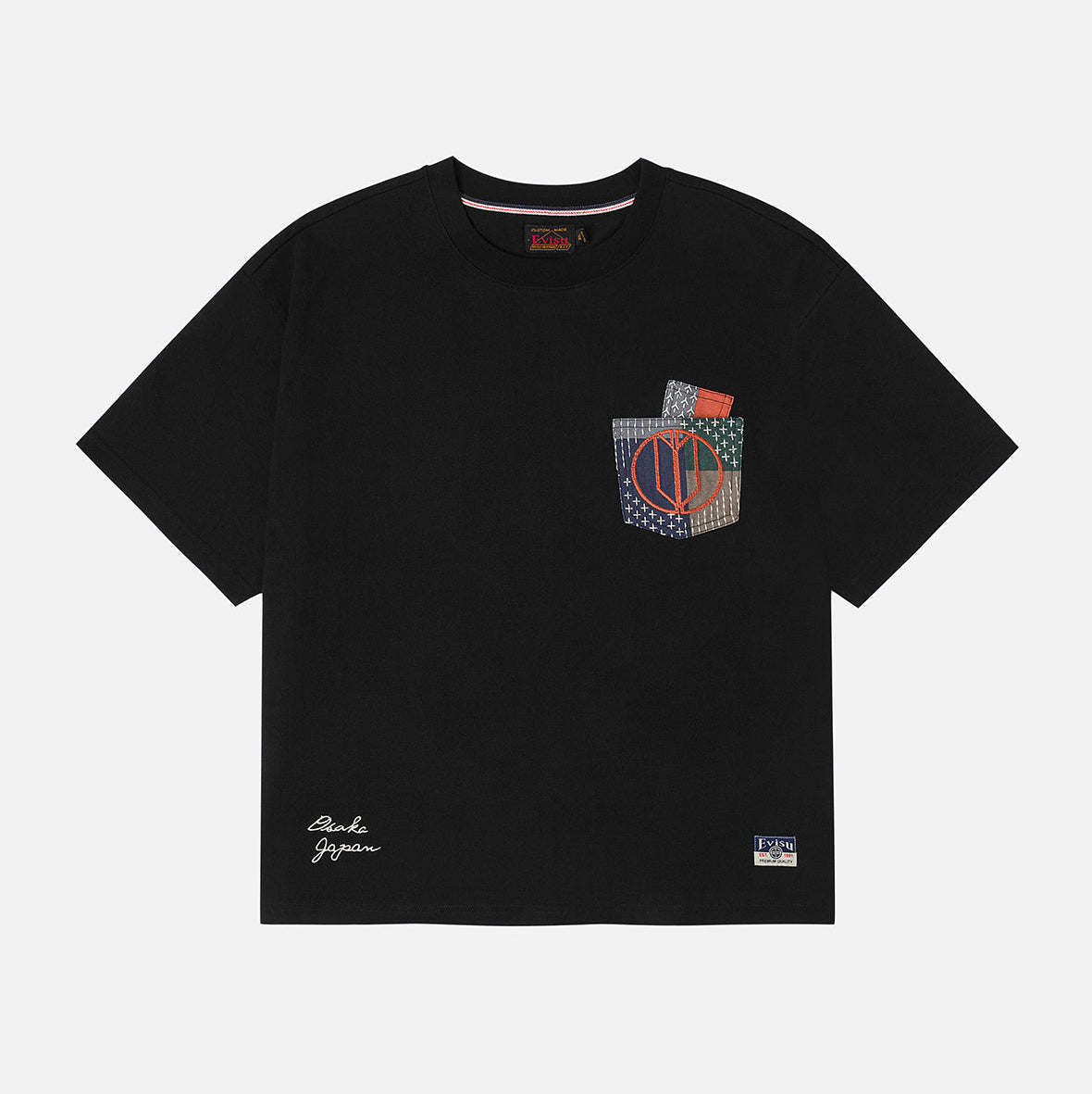 Multi-pocket Color Blocking Sashiko Loose Fit T-shirt BLACK | Men's Apparel | EVISU | 2EAHTM5TS1175LF CT-Black