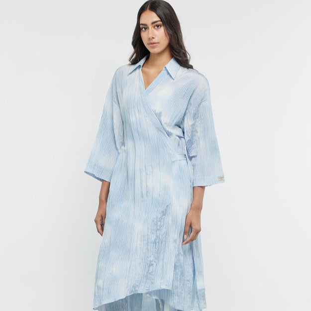 Recycled Textured Satin Stripe Tie Side Shirt Dress Powder Blue | Women's Apparel | THEGIVINGMOVEMENT | S1705V14PWBWM_2 Recycled Textured Satin Stripe Tie Side Shirt Dress Powder Blue | Women's Apparel | THEGIVINGMOVEMENT | S1705V14PWBWM_2
