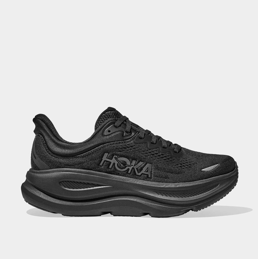 Black Hoka running shoe on a light gray background